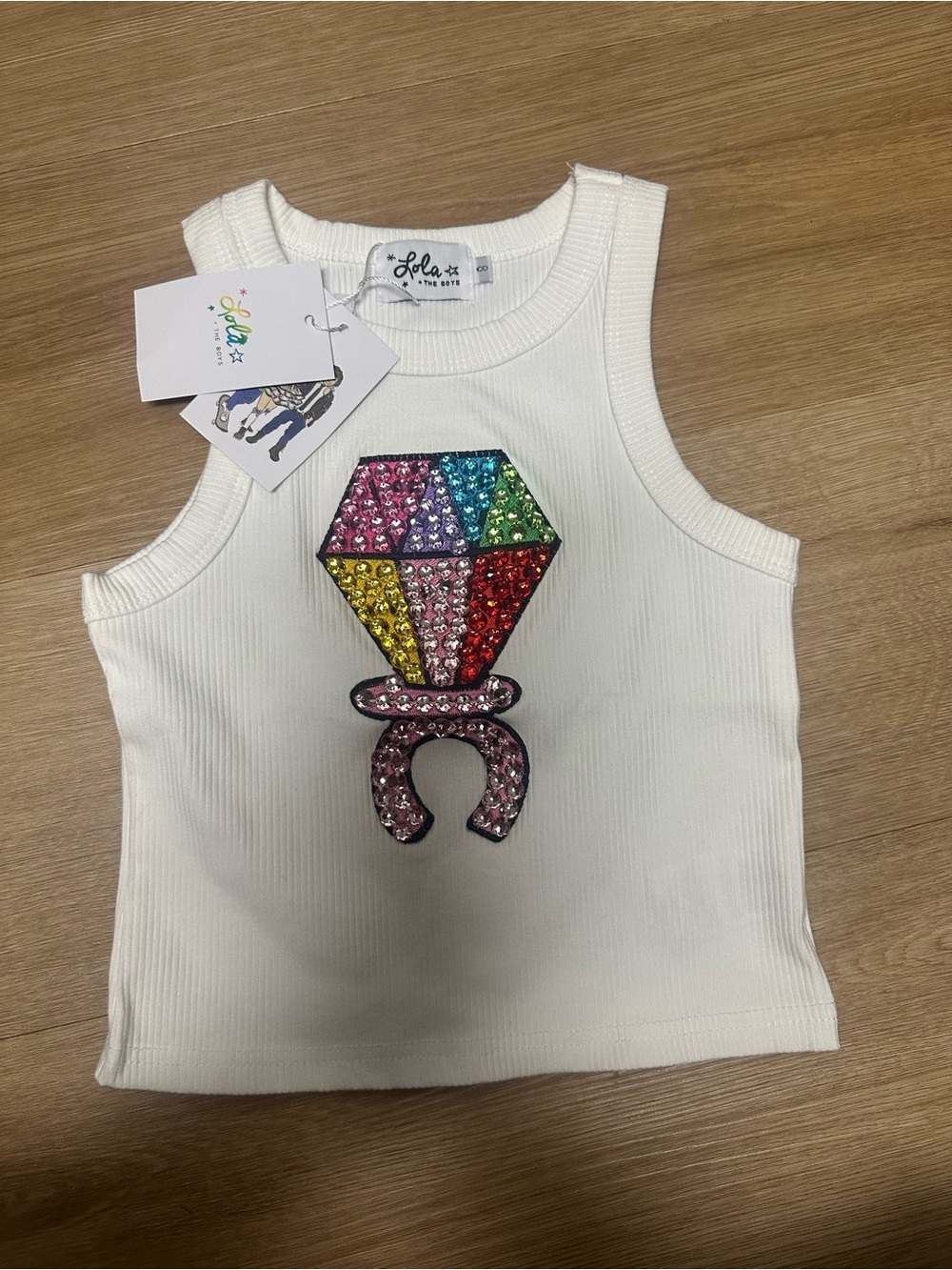 Lola + The Boys White Ribbed Tank with Multicolor Crystal Gem Applique